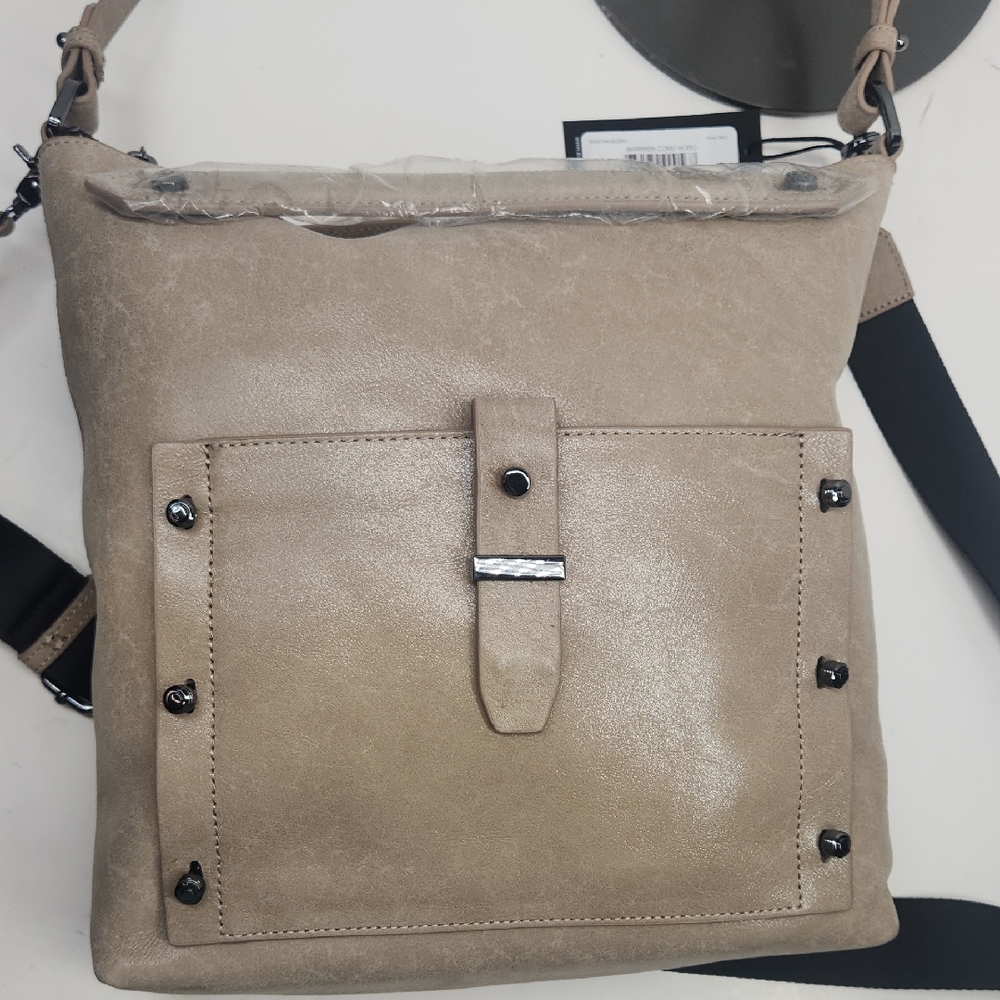 Botkier Taupe Shoulder Bag with Front Pocket and Stud Accents